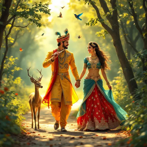 Prompt: Bathed in the soft, warm glow of sunlight filtering through a lush forest, a youthful couple strolls hand-in-hand along a winding path, embodying a serene and joyous moment. The male figure, adorned in vibrant yellow attire accentuated by intricate beadwork and a playful peacock feathered crown, plays a flute, exuding charm and grace. Beside him, the woman radiates beauty in a teal and red ensemble, her embellished lehenga swirling delicately as she walks, her expression one of joy and warmth. A gentle deer walks alongside them, enhancing the enchanting atmosphere as birds flutter above, creating a harmonious scene that celebrates nature and love. The overall composition is one of vivid color and delightful movement, encapsulating a narrative of romance intertwined with the tranquility of the natural world.