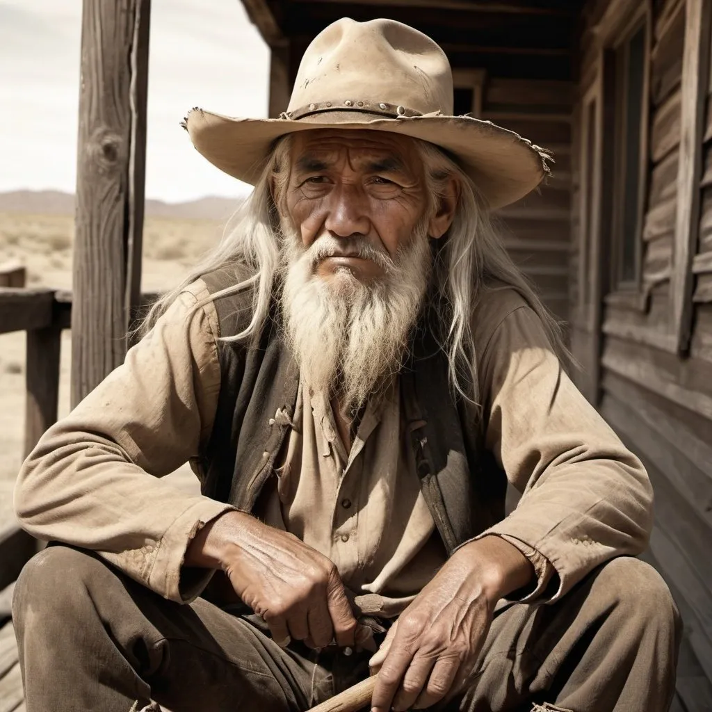 Prompt: Old Native American man with long, scruffy long white hair and long beard, wearing an old tattered cowboy hat, sitting on a rickety porch, holding a walking stick, rugged and worn-out clothes, dusty and desolate atmosphere, dusty illustrated effect, warm tones, detailed facial features, aged and weathered expression, high quality, realistic, traditional, warm tones, detailed facial features, rugged, weathered clothes, fantasy effect, atomospheric lighting