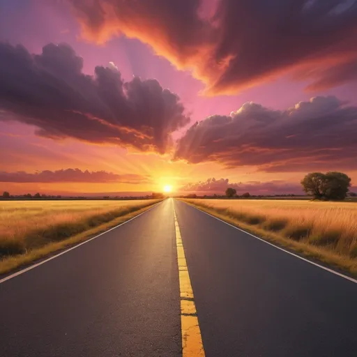 Prompt: old paved road, (yellow lines), stretching into distance, (beautiful sunset), vibrant hues of orange and pink, dramatic sky with fluffy clouds, warm and serene ambiance, fading light casting long shadows, ultra-detailed, high quality, cinematic masterpiece,  expansive horizon, pavement, tranquility and nostalgia