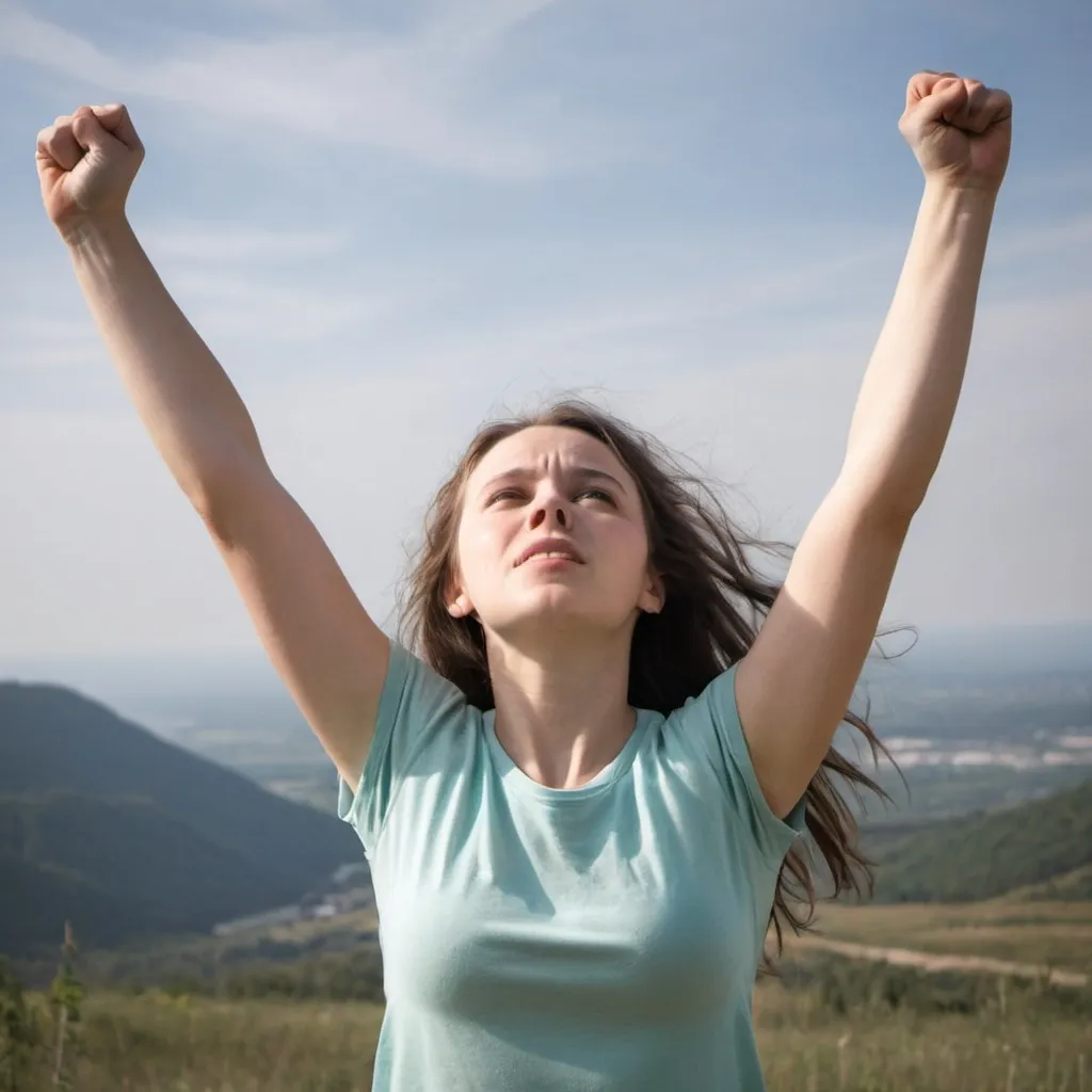 Prompt: Young lady overcoming life's challenges arms up vicorious

