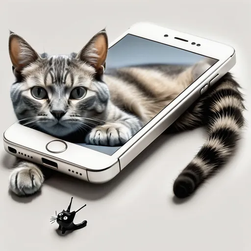 Prompt: a cat laying on top of a cell phone with a picture of a cat on it's screen, Carlos Catasse, realistic photo 