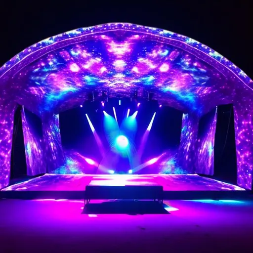 Prompt: Music festival cosmic stage with LED Backdrop, lighting and sound system
