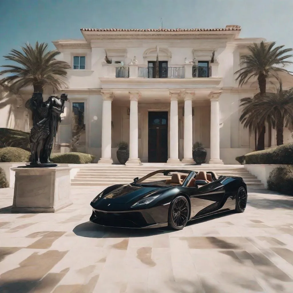 Prompt: huge mansion is loft style,
fountain and large statues of greek gods,
one black convertible sport car,
summer 
sunny day
palms
