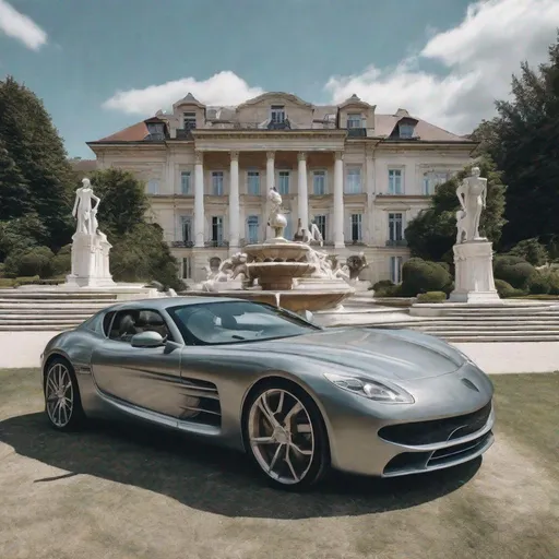 Prompt: huge mansion 
fountain and statues 
one sport car and one suv
summer 
sunny day
