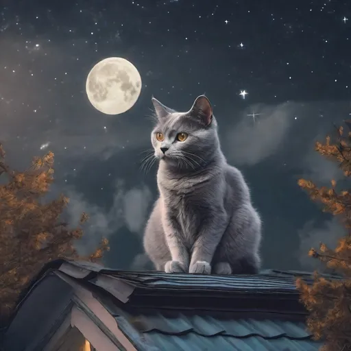 Prompt: cat on the roof of the one story house, during night, small moon together with stars & comet, grey cat with white belly, haunted house, color picture, a lot of trees in the background