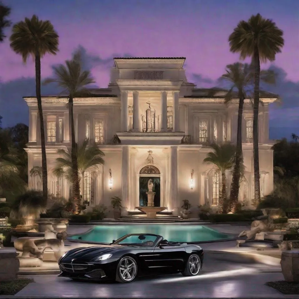 Prompt: huge mansion, add
fountain
 large statues of greek gods,
one black convertible sport car,
summer 
night
palms
