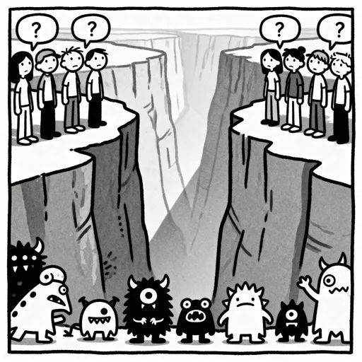 Prompt: drawn in black and white, style of diary of a wimpy kid, two groups of people on either side of a canyon with speech bubbles, question marks inside those speech bubbles, they are trying to talk but not understanding ech other.  below them is a group of small monsters
