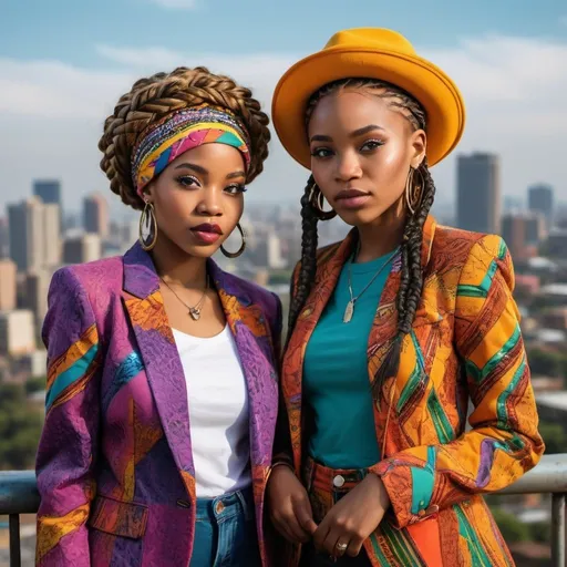 Prompt: Realistic photograph of two creatively eccentric Gen Z women, detailed faces, wearing colorful blazers and bucket hats, with intricate braided hair, set against the Johannesburg cityscape, South African urban backdrop, high resolution, detailed facial features, vibrant colors, professional photography, eccentric fashion, confident poses, urban streetwear, Johannesburg cityscapes, detailed hair, high quality, realistic, eccentric style, vibrant colors, African women, braided hair, professional lighting
