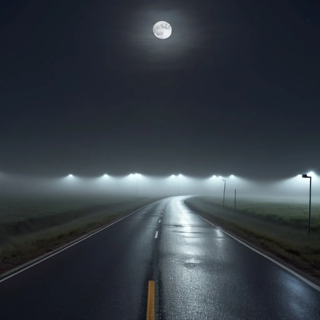 Prompt: Panel 1: Wide shot of a long, empty road at night. The moonlight faintly illuminates the road, and fog creeps along the edges.