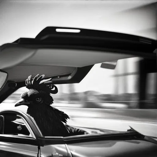 Prompt: Black rooster driving cabriolet  on highway


