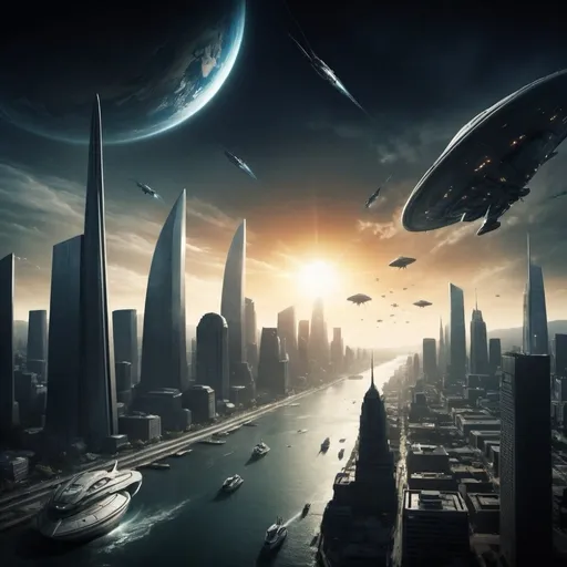 Prompt: Dynamic Background: A cityscape or landscape that suggests the impending alien invasion.
Central Characters: Key figures (such as heroes or ordinary people) in action poses.
Title and Subtitle: Prominent placement with a strong, bold font and the title is Arrival:Earth.
Vehicles or Ships: Depictions of alien vessels in the sky.
Color Scheme: A dramatic, high-contrast look with emphasis on light and shadow.