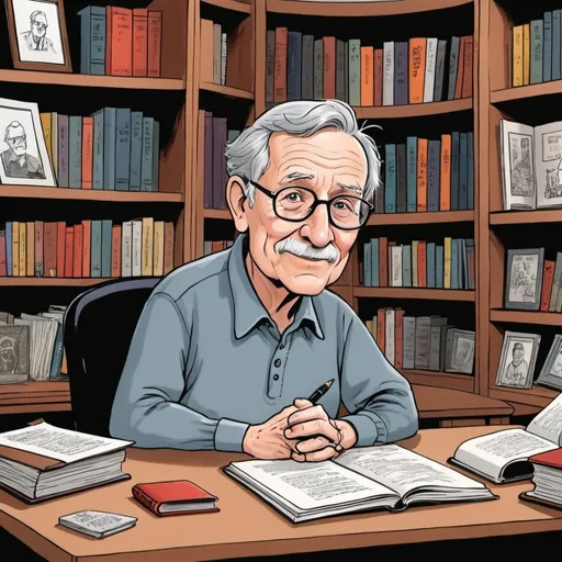 Prompt: Cartoon of the musings of a 70 year old writer at a desk with bookcase behind