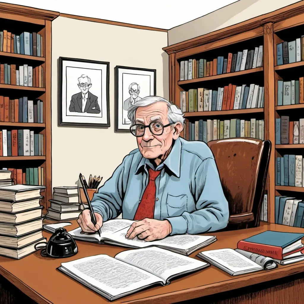 Prompt: Cartoon of the musings of a 70 year old writer at a desk with bookcase behind