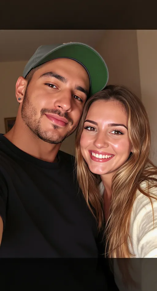 Prompt: A young man and woman pose closely for a selfie, exuding a warm, affectionate vibe. The man, wearing a dark shirt and a green baseball cap, tilts his head slightly as he gazes into the camera, while the woman leans her head against him, smiling brightly with an air of contentment. The soft lighting creates a gentle ambiance, with dark edges around the image giving it a slightly intimate feel. Behind them, a simple indoor setting is partially visible, suggesting a relaxed home environment. Their expressions convey a sense of camaraderie and happiness, enhancing the overall mood of the moment.