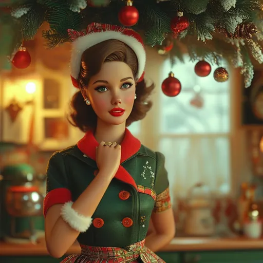 Prompt: (Barbie as a 1950s housewife), fantasy style, standing underneath mistletoe, vibrant color scheme, bright and cheerful atmosphere, featuring retro-inspired clothing with playful patterns, festive decorations in the cozy background, warm golden lighting, whimsical details like vintage appliances, ultra-detailed, charming and whimsical ambiance, adding a touch of nostalgia for the era.