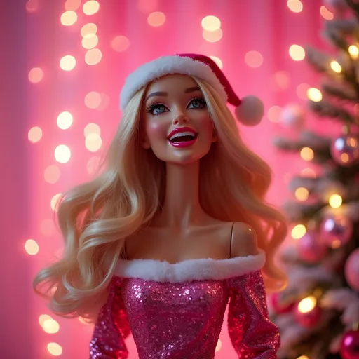 Prompt: (realism style), (vibrant color scheme), a festive pink background, a pink Barbie dressed in Christmas attire, singing passionately with joy, emulating Mariah Carey, surrounded by sparkling lights and ornaments, cozy and cheerful ambiance, warm holiday vibes, (highly detailed), (4K resolution), intently focused on the joyful expression, exuding nostalgia and excitement for the season.