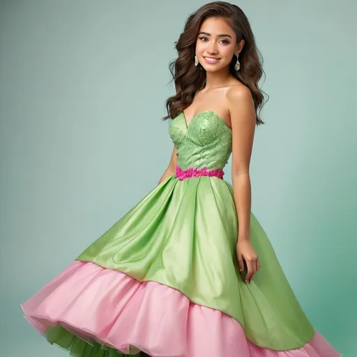 Prompt: 25 y/o woman in green and pink prom dress