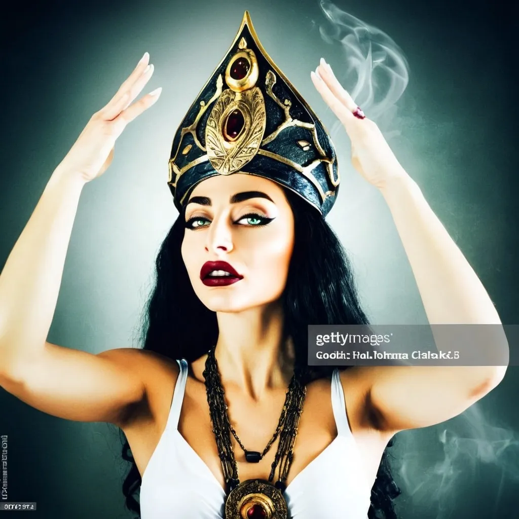 Prompt: Powerful young woman goddess preforming a ritual in a powerful pose