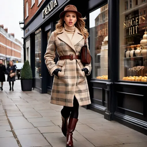 Prompt: Tall leggy young Scarlett Johansson walking the high street, long brunette ponytail, pale skin, overweight bosomy, wearing a long plaid wool coat, beige knit top, brown leather miniskirt, brown Prada boots, black leather gloves, small handbag, hands in pockets, plaid Kangol hat, 8k photo, high detail, ads-fashion editorial, urban setting, professional lighting, high-end fashion, stylish, detailed textures, elegant pose, sophisticated look, autumn color palette, street style, city atmosphere