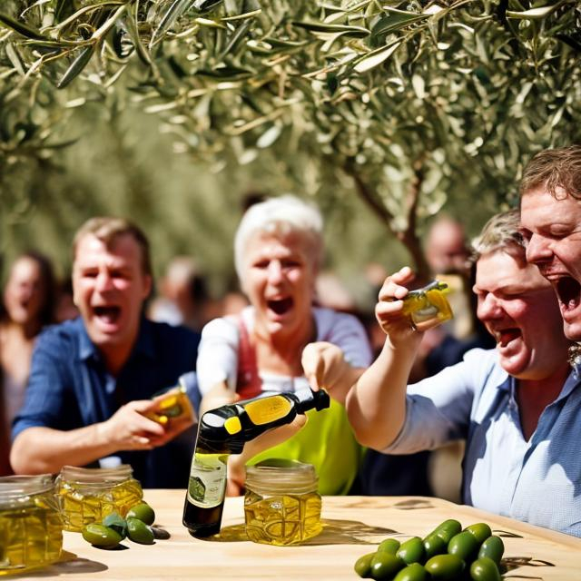 Prompt: Make a picture of Dutch people watching Greek olive oil in excitement, they are amused and put olive oil all over their bodies, the atmosphere is cheerful and they are almost high on olive oil.