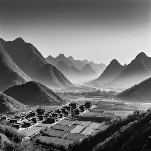 Prompt: A black and white image of a scenic Chinese country side with mountains partially covered in the background 