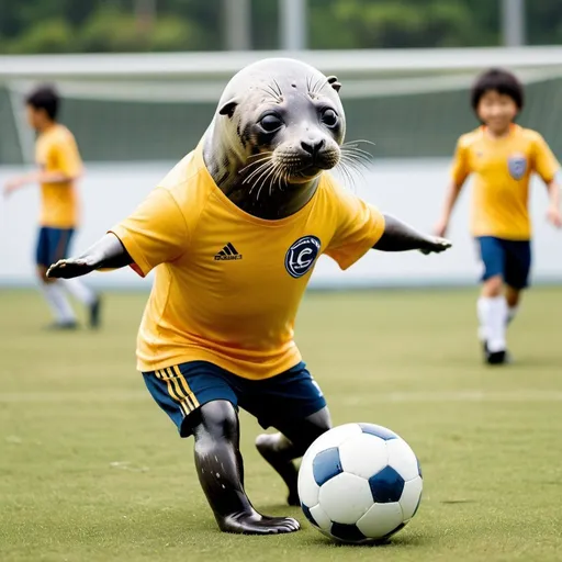 Prompt: A seal (animal) playing soccer with the CJR team shirt