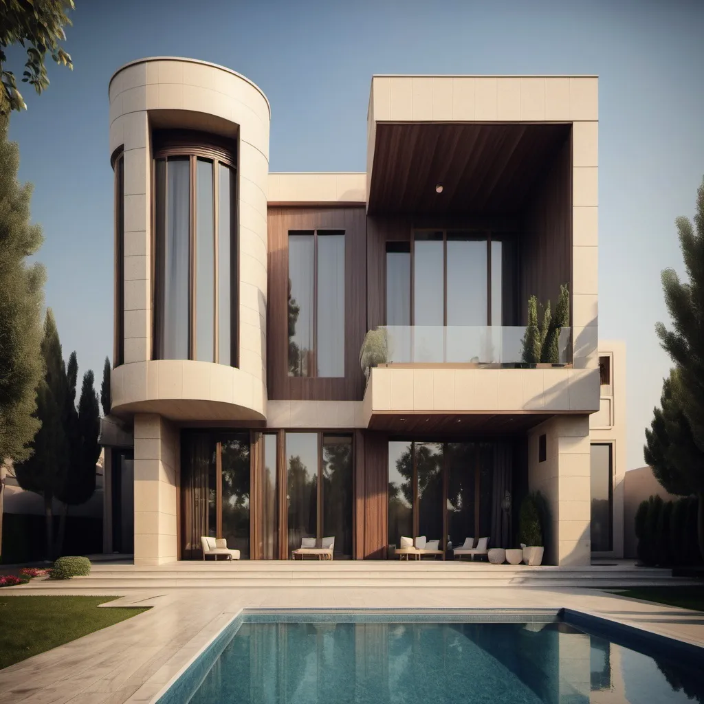 Prompt: A villa building with a iranin modern design style