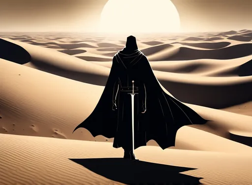 Prompt: Minimalist scene of endless sea of sand dunes, near total eclipse, dark cloak flapping in the wind, man with slightly curved sword raised above head, highres, minimalistic, dramatic lighting, desert landscape, atmospheric, detailed cloak, intense and focused gaze, sand tones, mysterious