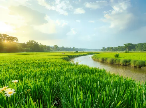 Prompt: nature , paddy field , river , life with freedom