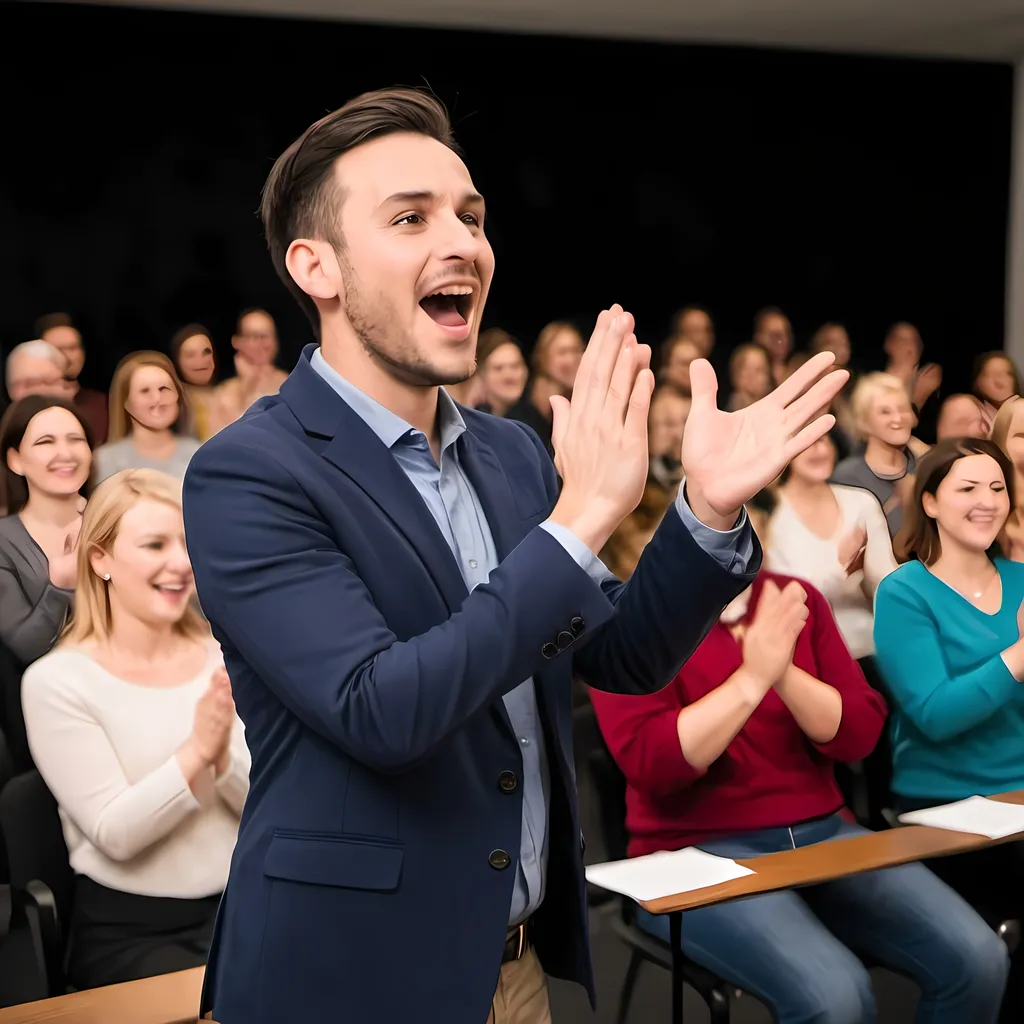 Prompt: A presenter in facing a clapping and cheering audience

