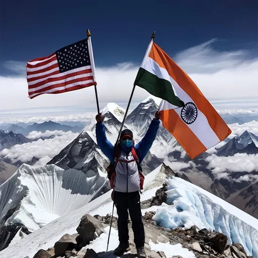 Prompt: Reaching on top of Mount Everest with US flag  and  the Indian flag in each hand