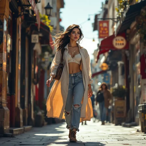 Prompt: Tall young woman walking down the high street, detailed clothing, realistic, natural lighting