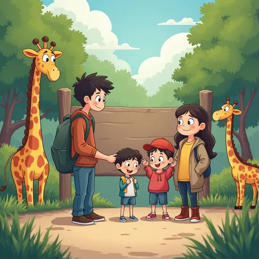Prompt: A family going to the zoo 
maybe cam, membelakangi the camera, w the parents and two children 

cartoon pls
nak nampak ada dkt zoo. ada signboard ke gitu la
