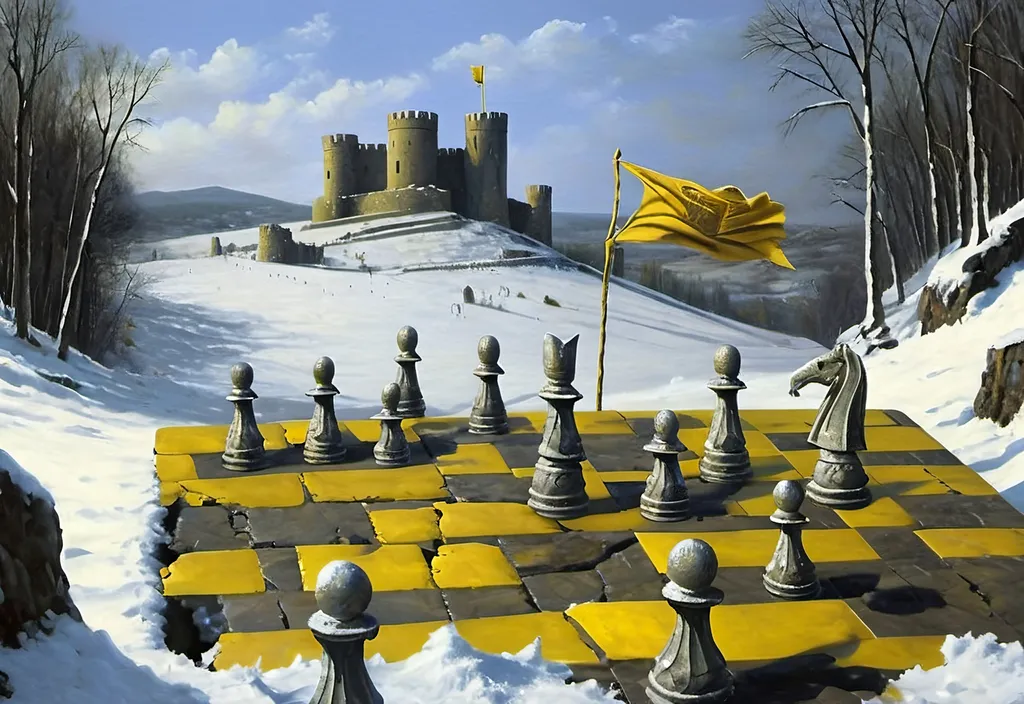 Prompt: Make stone large scale chess pieces in a snow landscape. Featuring a very old ruined castle in the background. Add in references to Emperor Marcus Aurelius and Alexander the Great with the color yellow