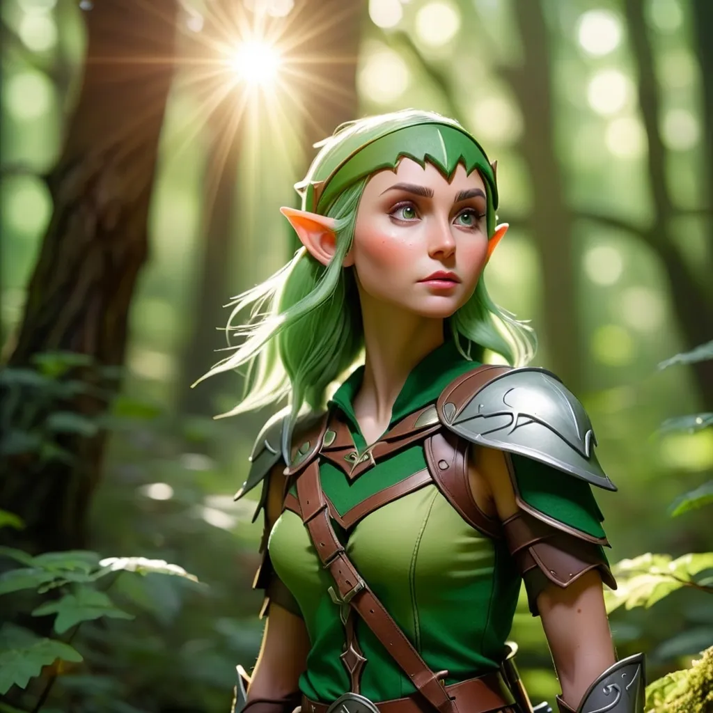 Prompt: Elf ranger in a mystical forest around sunlight