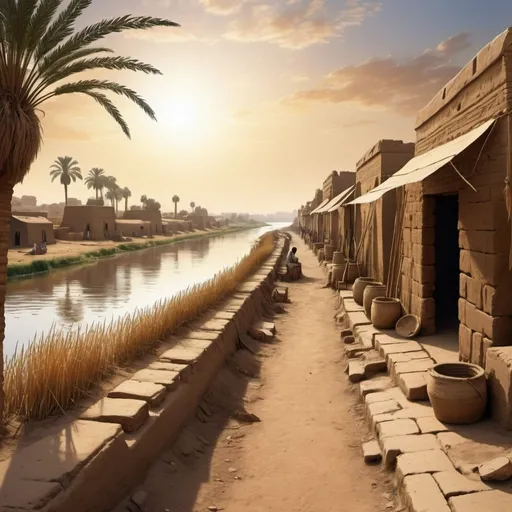 Prompt: Ancient Egypt, A poor street lined with workshops, the Nile river in the background lined with reeds, mud bricks, sun high in the sky, beautiful scenery, 30 B.C. 30 B.C.E.
