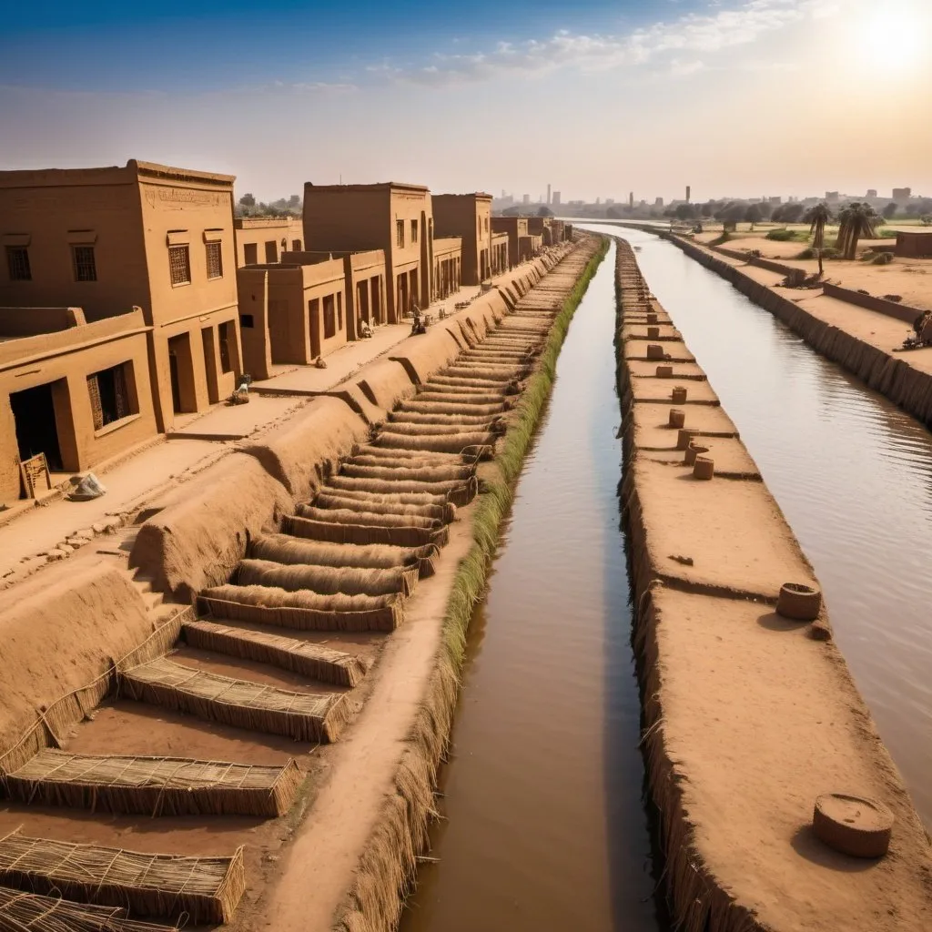 Prompt: Ancient Egypt, A poor street lined with workshops, the Nile river in the background lined with reeds, mud bricks, sun high in the sky, beautiful