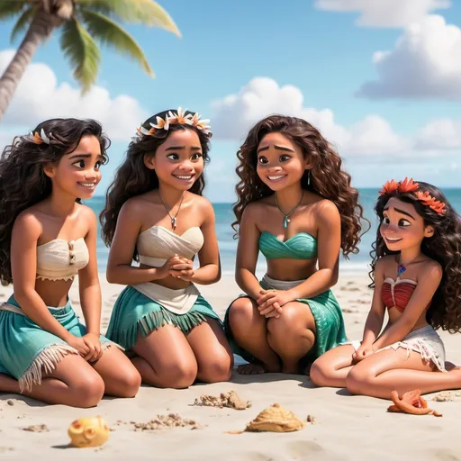 Prompt: moana teen, ariel teen, melody as a kid, and sima as a kid at the beach siting wile talking