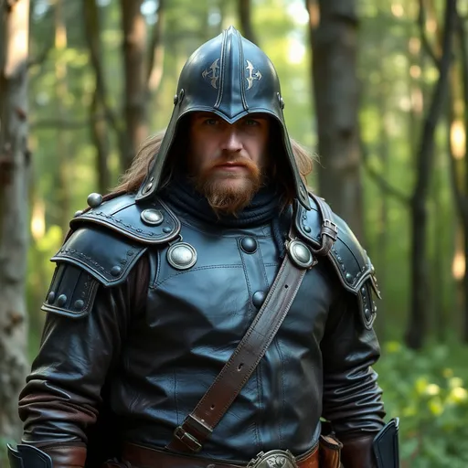 Prompt: A mercenary in leather armor, he is nearly 30 years old, standing in front of a forest