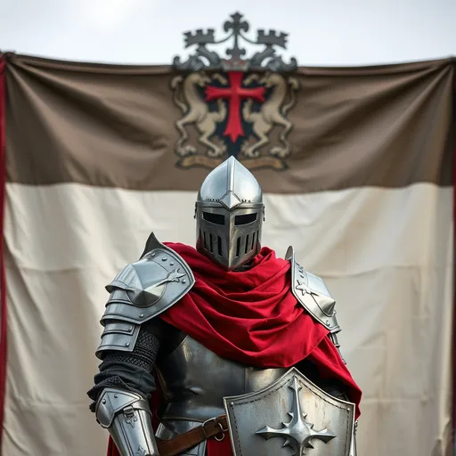 Prompt: A medieval knight in plate armor, no helmet, standing in front of a medieval style banner with an emblem