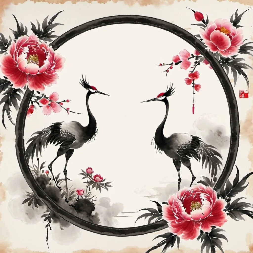 Prompt: Chinese style frame border, with crane and peony flowers