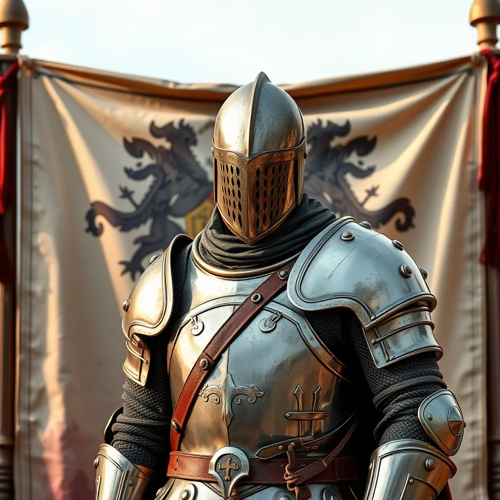 Prompt: A medieval knight in plate armor, no helmet, standing in front of a medieval style banner with an emblem