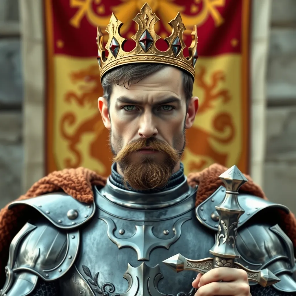 Prompt: A medieval king in plate armor, wearing golden crown, he has green eyes and brown short mostache, having a sword in the right hand, standing in front of a medieval style banner with an emblem