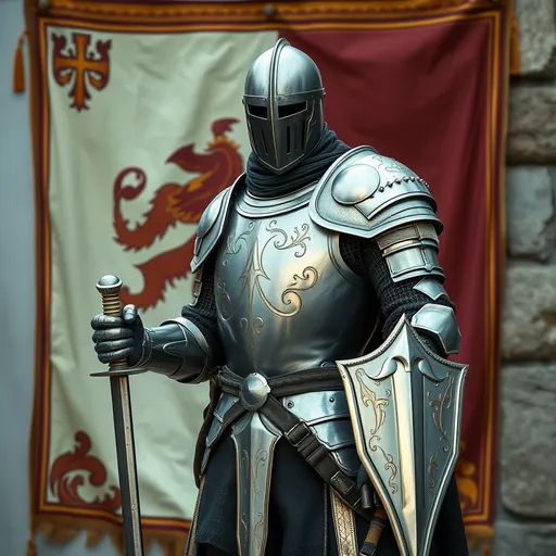 Prompt: A medieval knight in plate armor, full body, does not wear helmet, having a sword in the right hand, standing in front of a medieval style banner with an emblem