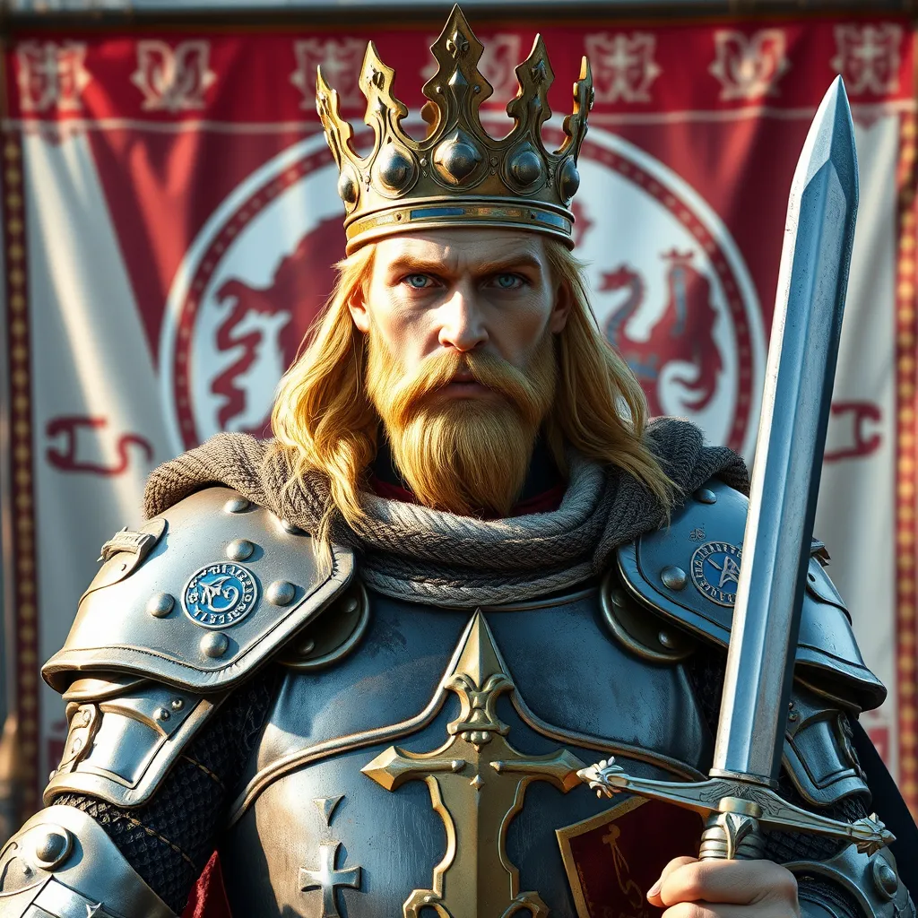 Prompt: A medieval king in plate armor, wearing golden crown, he has blue eyes and yellow mostache, having a sword in the right hand, standing in front of a medieval style banner with an emblem