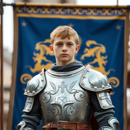 Prompt: A young medieval knight in plate armor, no helmet, standing in front of a medieval style banner with an emblem