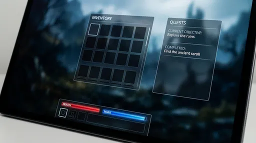 Prompt: User interface for a game with bottom toolbar containing health and mana bars, inventory window containing item slots, quest window. Realistic style. Slim lines, modern. No humans or characters .