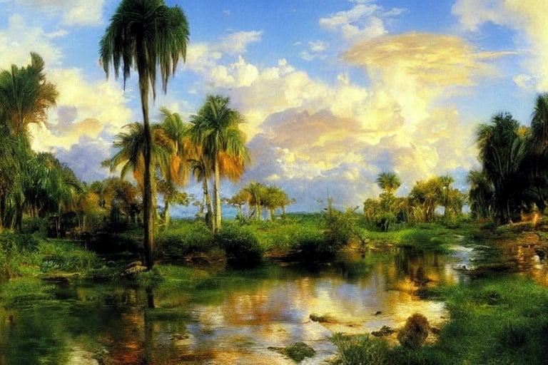 Prompt: Florida landscape, Hermann Herzog, beautiful artwork, Thomas Moran, Keith Gunderson, Peder Mork Monsted,