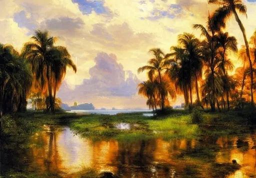 Prompt: Florida landscape, Hermann Herzog, beautiful artwork, Thomas Moran, Keith Gunderson, Peder Mork Monsted,