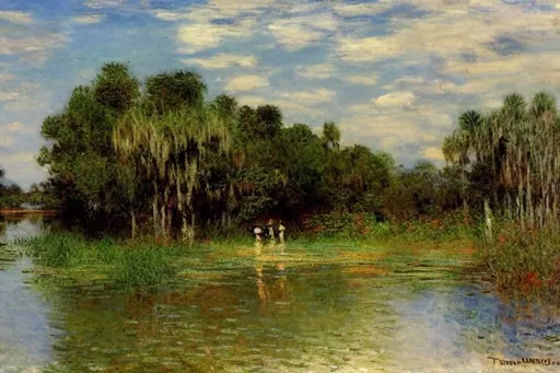 Prompt: Florida landscape, everglades, Thomas Moran, Claude Monet, Willard Metcalf, beautiful artwork, , Keith Gunderson, Hermann Herzog